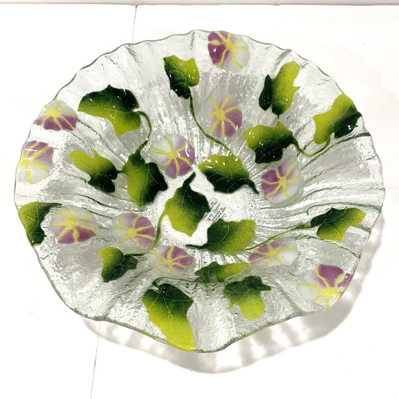 Kali Studio Art Glass Fused Pink & Green Floral Fruit Bowl Ruffle Edge Dish Bowl - Picture 6 of 7